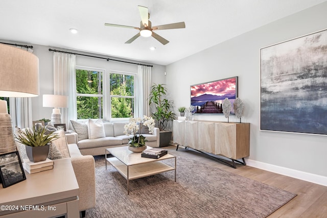 living room with ceiling fan and wood-type flooring