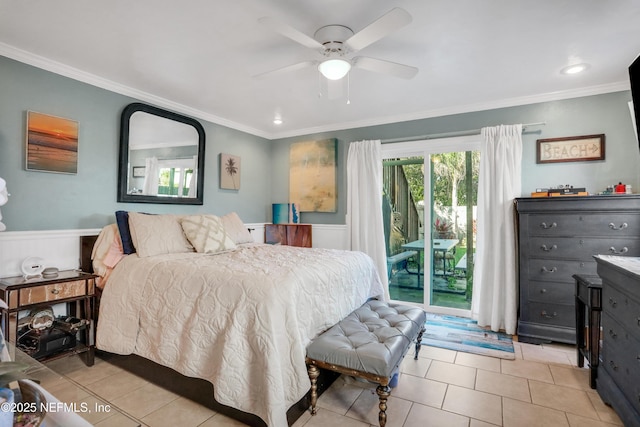 tiled bedroom with ceiling fan, access to exterior, and crown molding