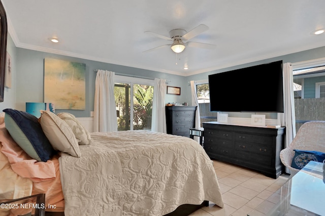 tiled bedroom featuring ceiling fan and crown molding