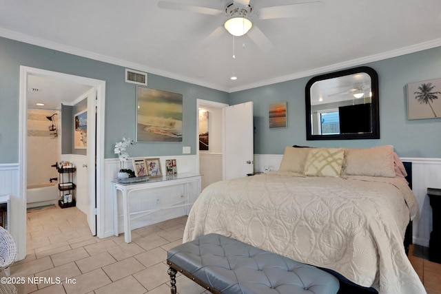 bedroom with ceiling fan and crown molding