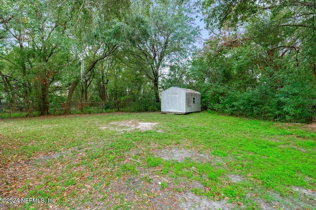 view of yard featuring a shed