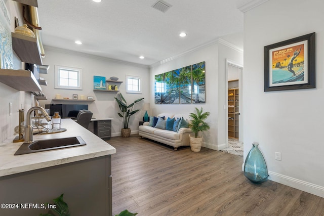 interior space with a textured ceiling, dark hardwood / wood-style flooring, crown molding, and sink