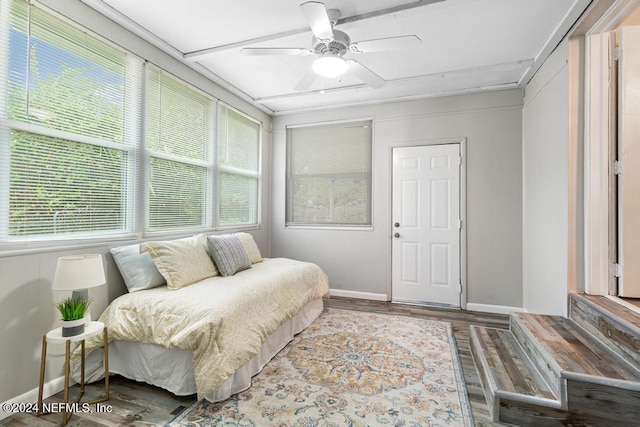 bedroom featuring hardwood / wood-style floors and ceiling fan