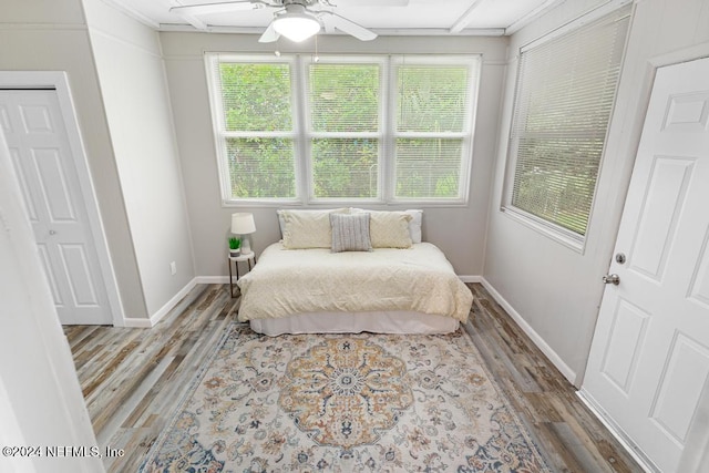 bedroom featuring hardwood / wood-style floors, ceiling fan, and crown molding