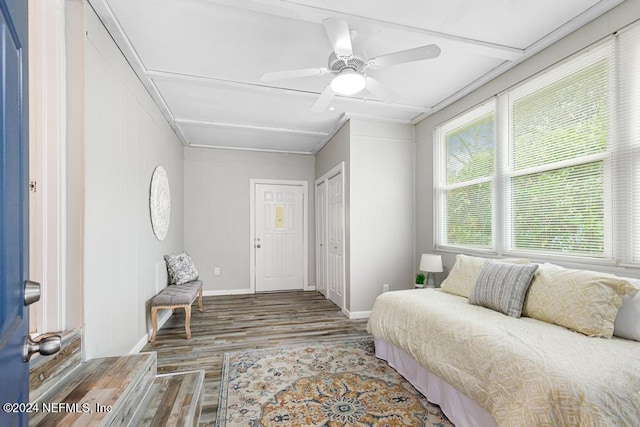 interior space with ceiling fan, a closet, and hardwood / wood-style flooring