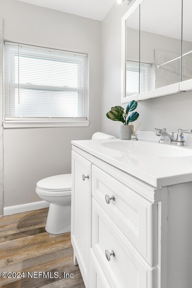 bathroom with vanity, hardwood / wood-style flooring, toilet, and a wealth of natural light