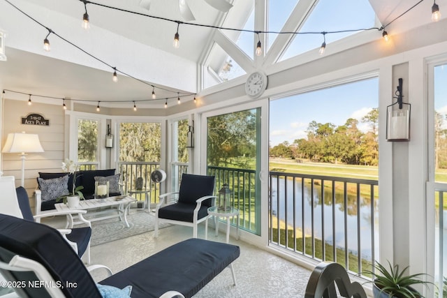 sunroom with a water view