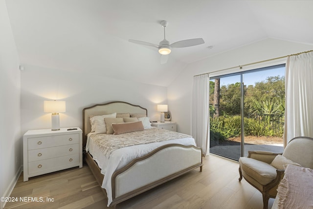 bedroom with ceiling fan, light wood-type flooring, access to outside, and vaulted ceiling