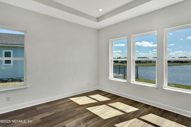 unfurnished room with a wealth of natural light, dark wood finished floors, and baseboards