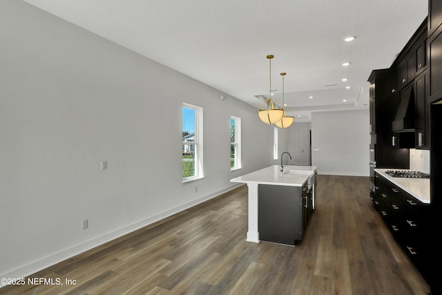 kitchen featuring dark wood-style flooring, light countertops, a sink, and an island with sink