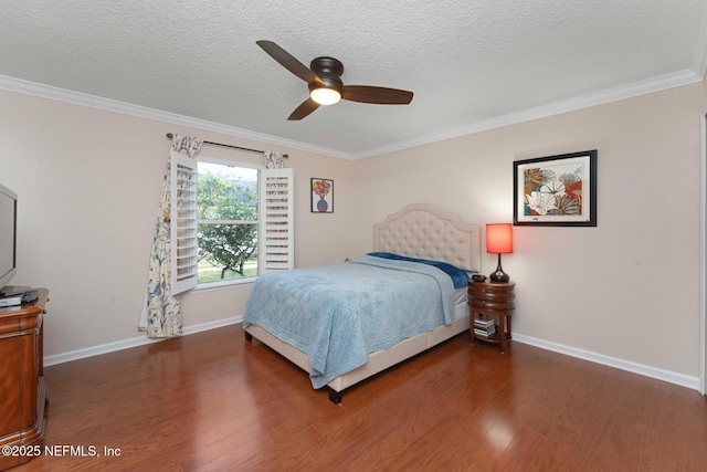 bedroom featuring a textured ceiling, ceiling fan, dark hardwood / wood-style flooring, and crown molding