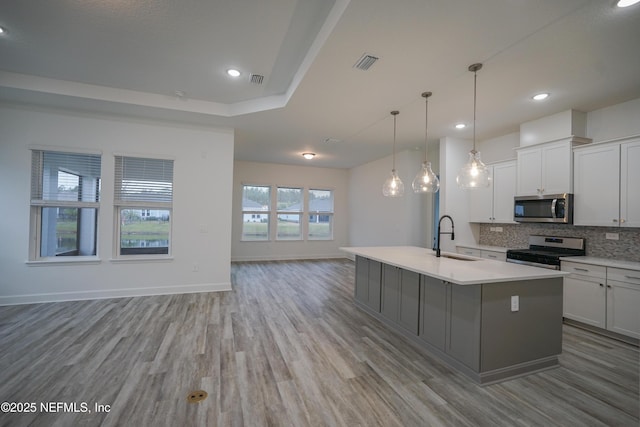 kitchen with stainless steel appliances, tasteful backsplash, visible vents, open floor plan, and a sink