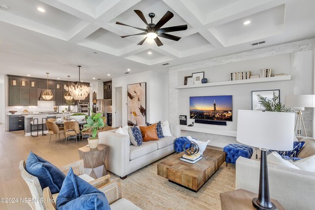 1810 Rustic Mill Dr, Saint Augustine, FL 32092 - living room featuring ceiling fan, coffered ceiling, recessed lighting, beamed ceiling, and a chandelier