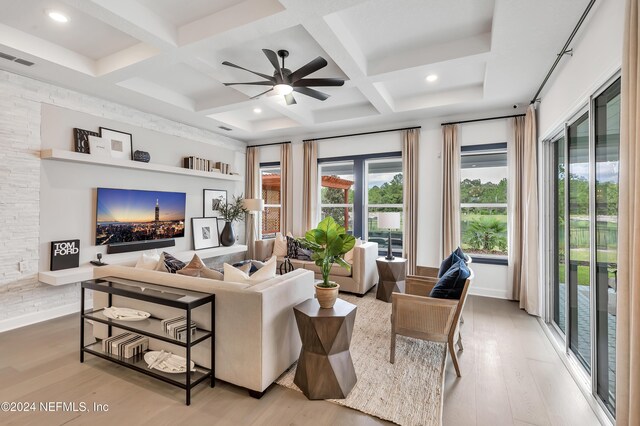 1810 Rustic Mill Dr, Saint Augustine, FL 32092 - living area featuring coffered ceiling, light wood-style floors, ceiling fan, beamed ceiling, and recessed lighting