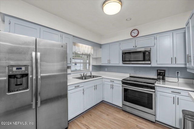 kitchen with backsplash, light hardwood / wood-style floors, sink, and appliances with stainless steel finishes