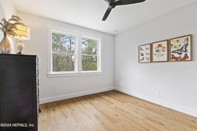 empty room with ceiling fan and light hardwood / wood-style flooring