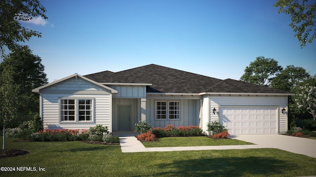 ranch-style house featuring an attached garage, concrete driveway, roof with shingles, board and batten siding, and a front yard