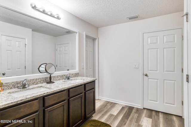 bathroom with vanity, wood-type flooring, and a textured ceiling