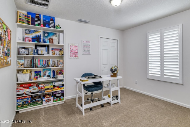 office space featuring carpet flooring and a textured ceiling