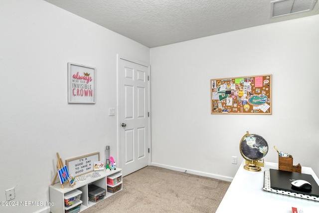 carpeted office with a textured ceiling