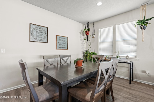 dining space featuring hardwood / wood-style floors and a textured ceiling