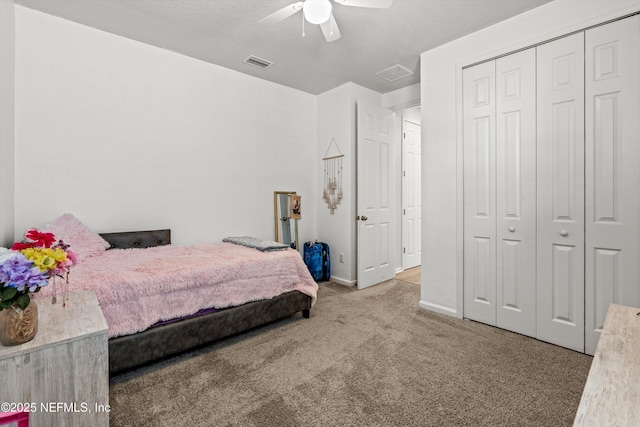 bedroom with light carpet, a closet, and ceiling fan