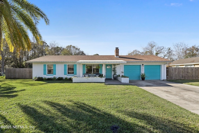 ranch-style house with a porch, a garage, and a front yard