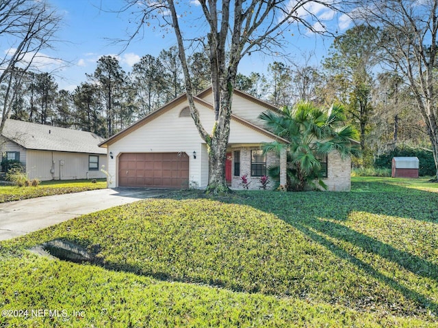 single story home featuring a front lawn, a shed, and a garage