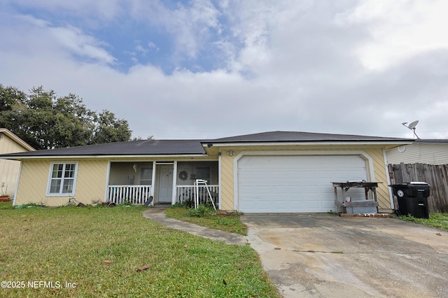 single story home featuring a porch, a garage, and a front lawn