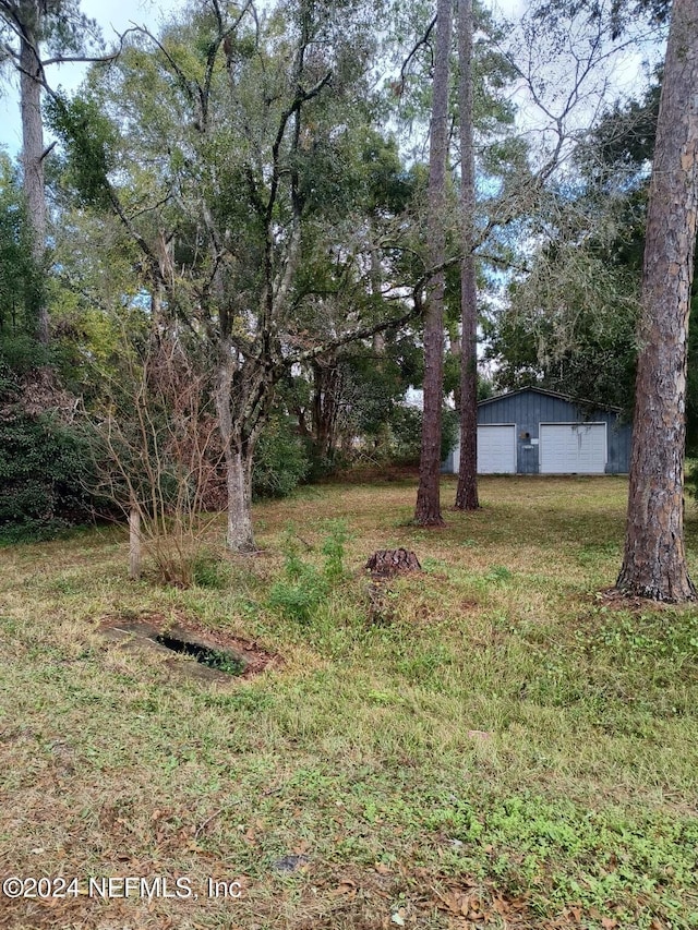 view of yard featuring a garage and an outdoor structure