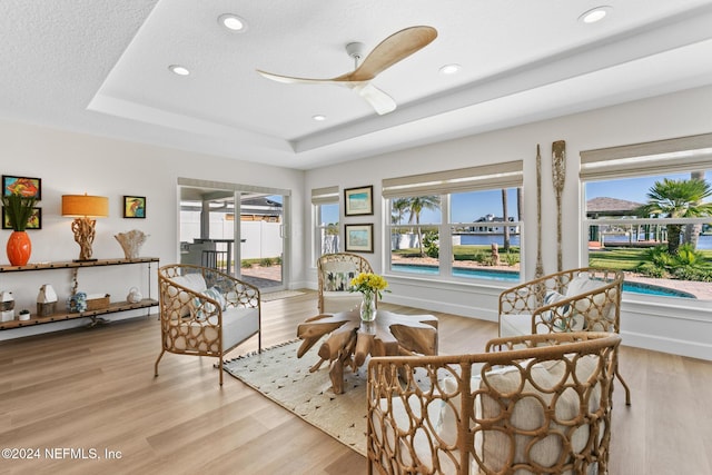 living area featuring a raised ceiling, a wealth of natural light, and light hardwood / wood-style flooring