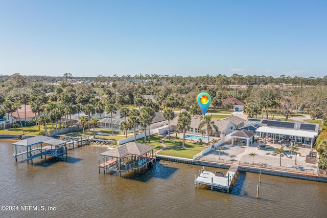 aerial view featuring a water view