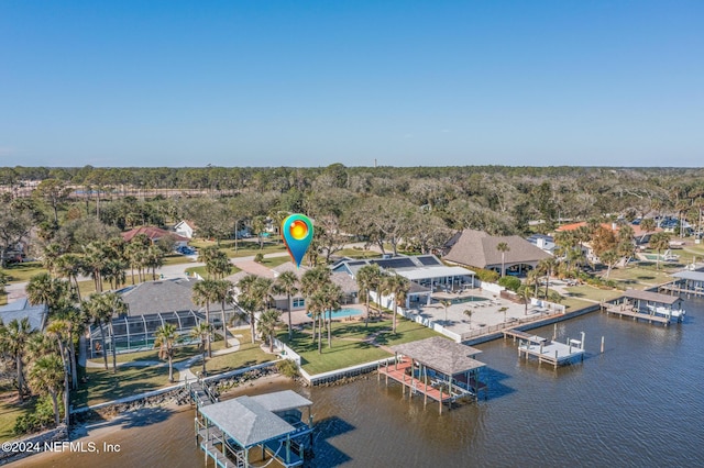 drone / aerial view featuring a water view