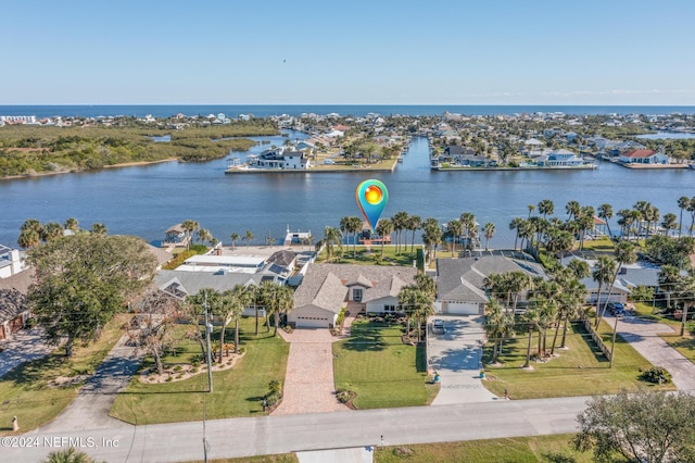 drone / aerial view featuring a water view