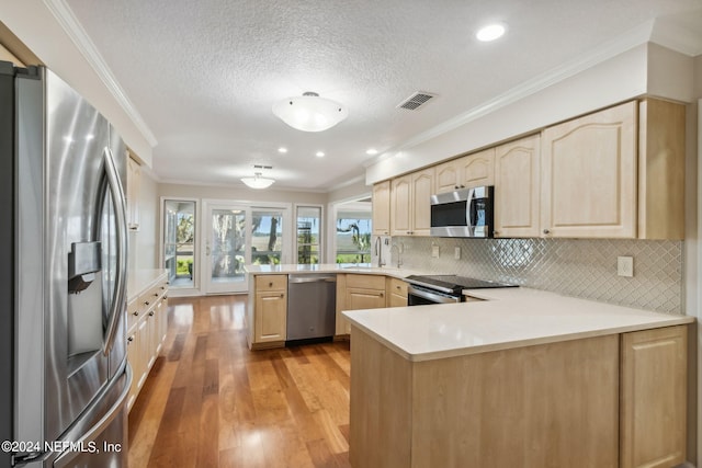 kitchen featuring tasteful backsplash, kitchen peninsula, stainless steel appliances, and ornamental molding