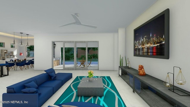 living room featuring ceiling fan