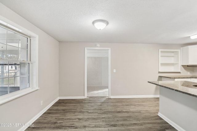 interior space featuring a textured ceiling and dark wood-type flooring