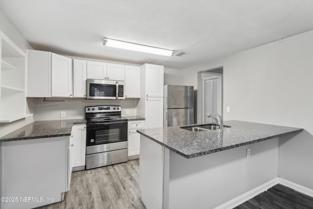 kitchen with white cabinets, stainless steel appliances, kitchen peninsula, and sink