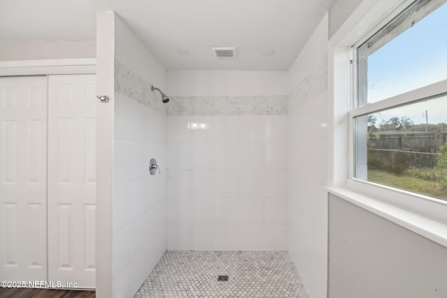 bathroom with a healthy amount of sunlight and tiled shower