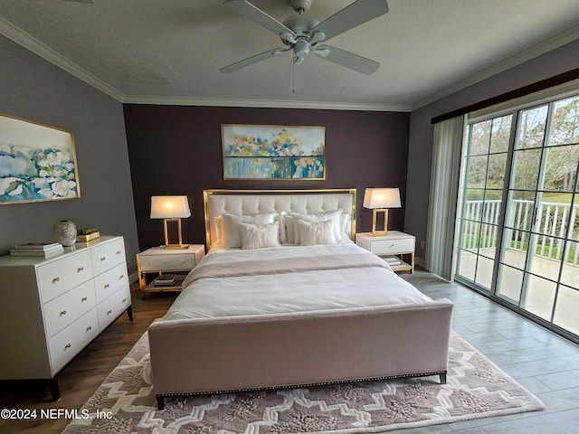 bedroom featuring hardwood / wood-style floors, access to outside, ornamental molding, and ceiling fan