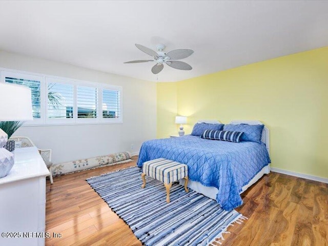 bedroom featuring ceiling fan and dark hardwood / wood-style floors