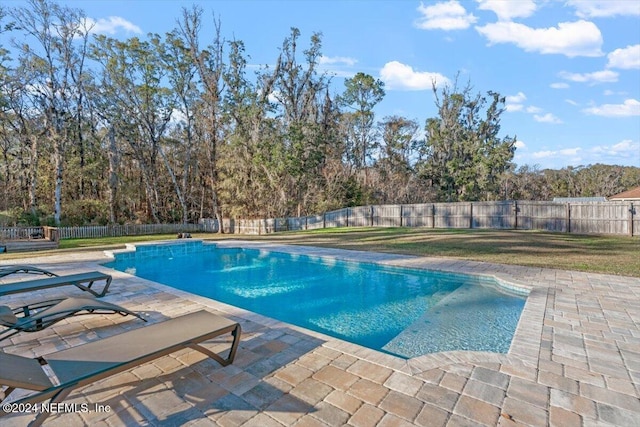 view of swimming pool featuring a yard and a patio