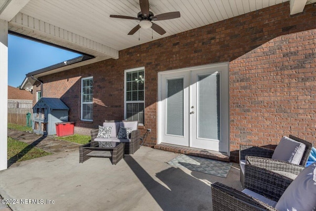 view of patio with ceiling fan and french doors