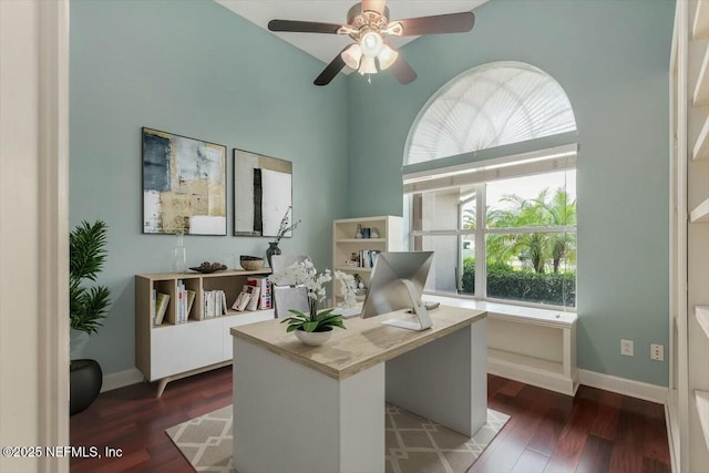 home office with ceiling fan and dark wood-type flooring