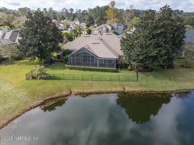 bird's eye view with a water view