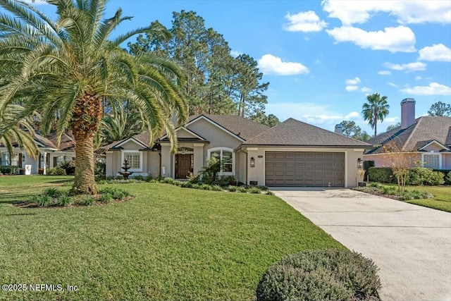 ranch-style house with a garage and a front yard