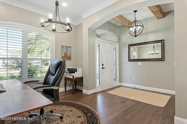 office with beamed ceiling, dark hardwood / wood-style floors, and a chandelier