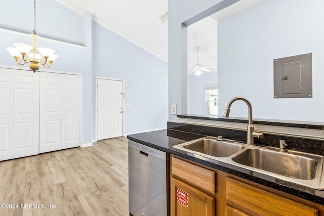 kitchen featuring dishwasher, electric panel, ceiling fan with notable chandelier, sink, and hanging light fixtures