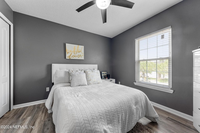 bedroom featuring a textured ceiling, ceiling fan, and dark hardwood / wood-style floors