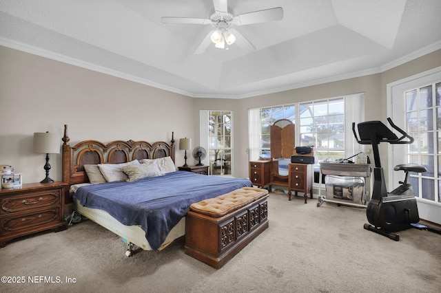 bedroom with a tray ceiling, ceiling fan, carpet floors, and ornamental molding